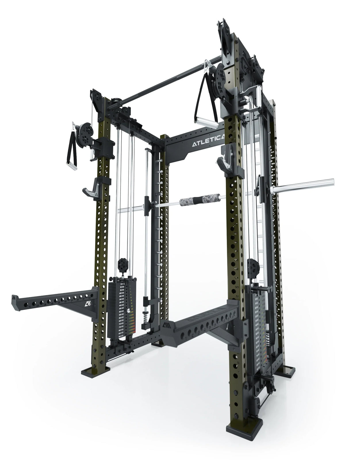 R8 Bradley Combat Medium Power Rack in Military Green with pull-up bar, two weight stacks and cable pulley, modular