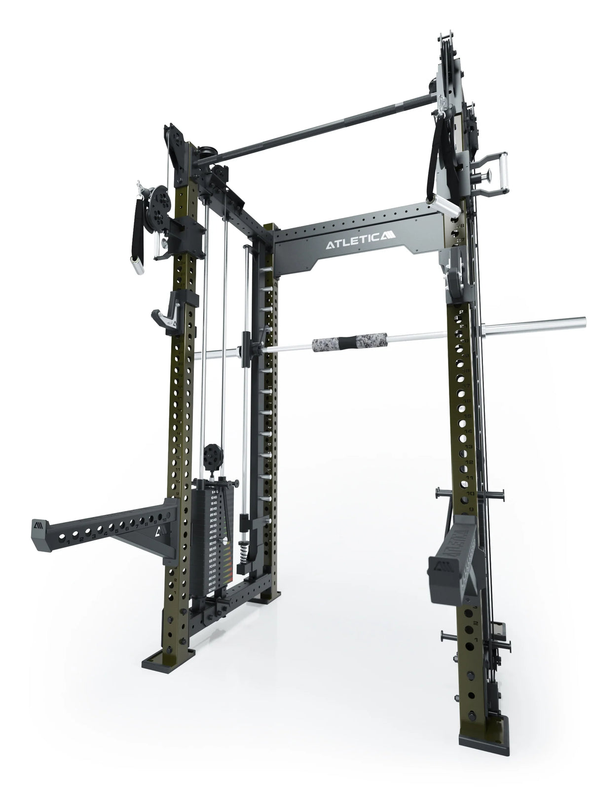 R8 Bradley Combat Medium Power Rack in Military Green with two weight stacks, pull-up bar, cable pulley and barbell