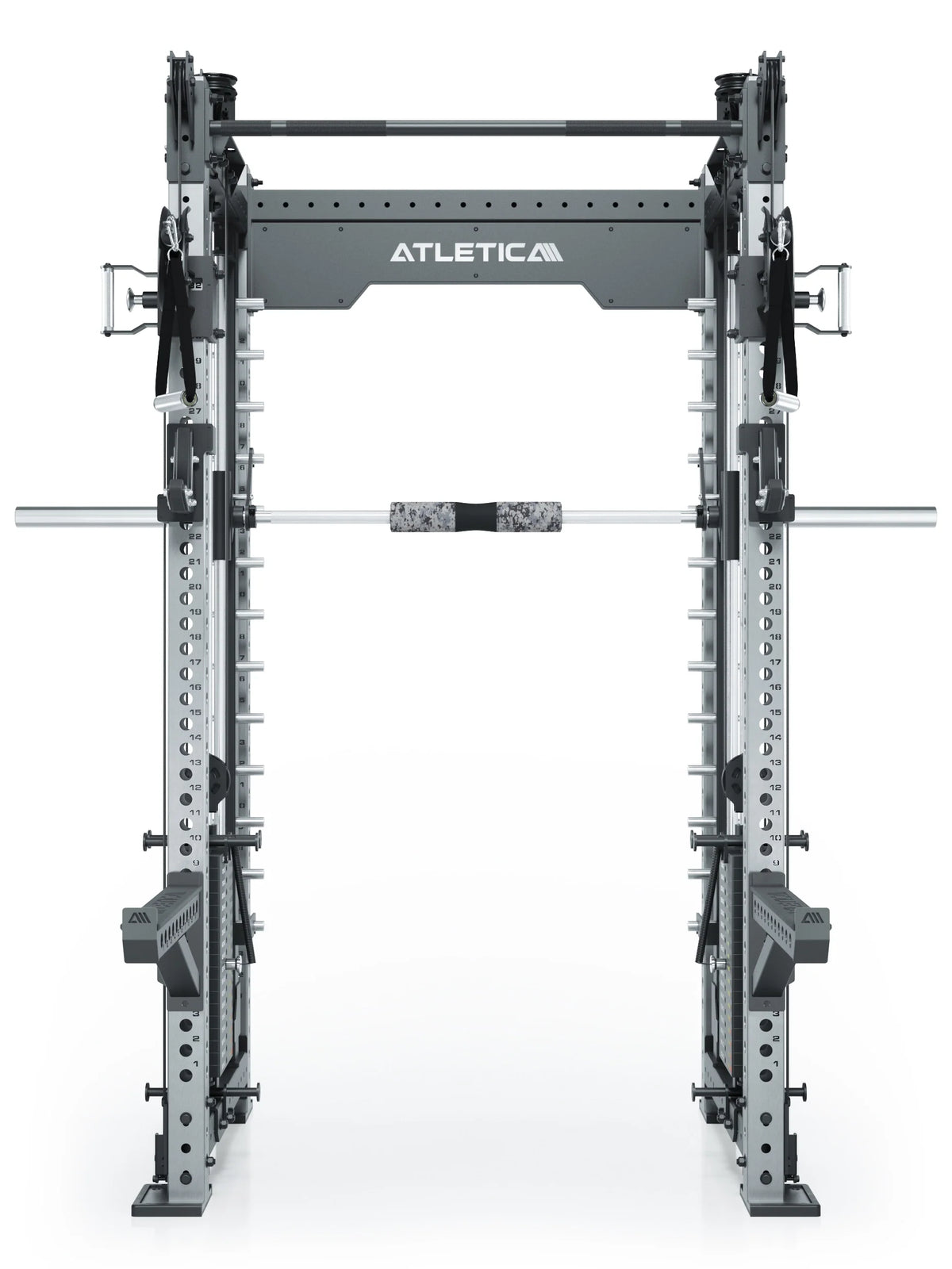 Atletica R8 Bradley Power Rack Combat Medium made of stainless steel with Smith Machine and neck pad on the Barbell