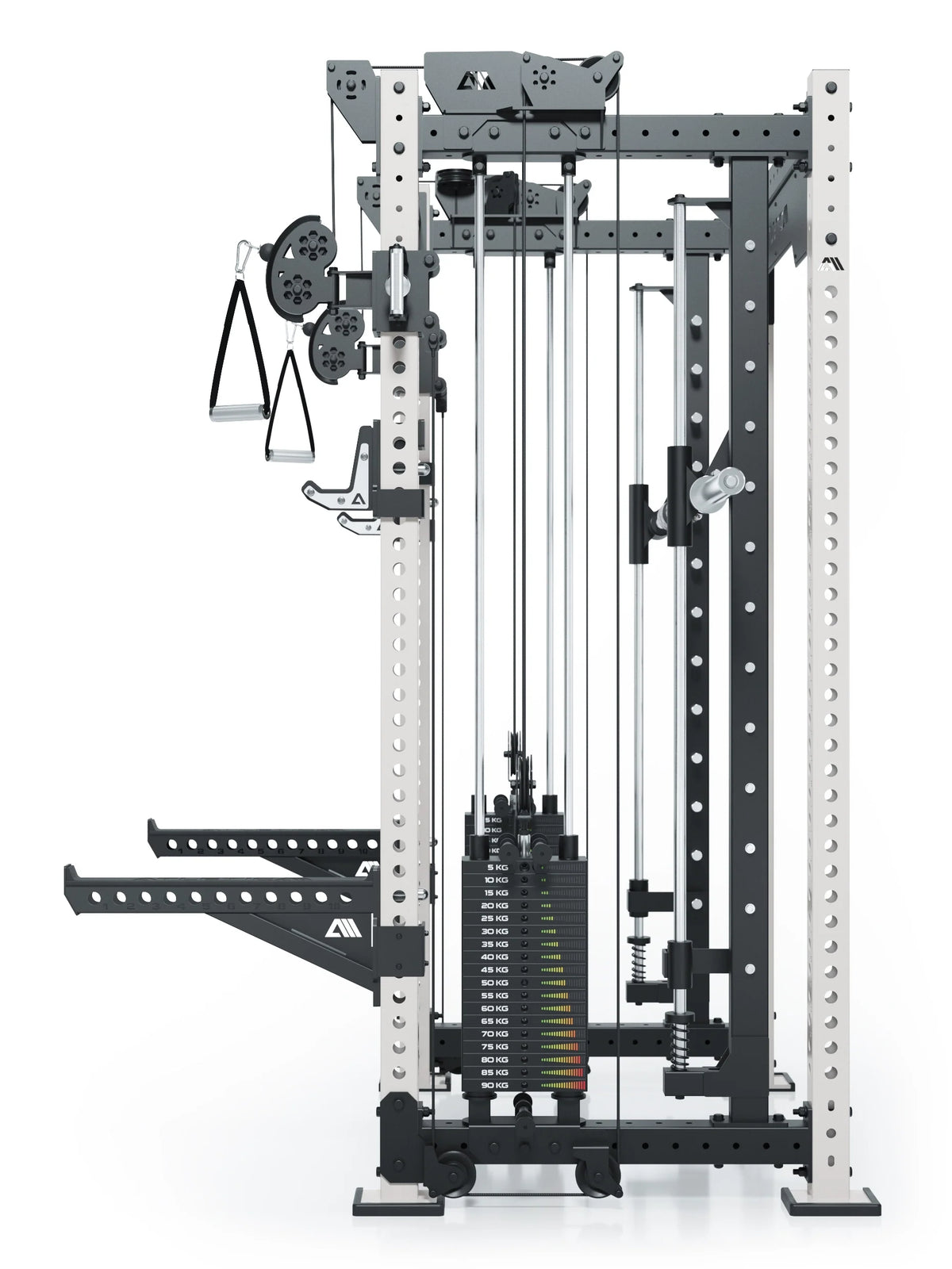 R8 Bradley Combat Medium White Power Rack with two weight stacks, dual cable pulley, integrated Smith Machine