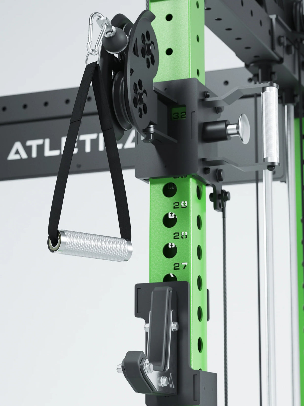 R8 Bradley Power Rack - Green Power Cage with cable pull, handle, carabiner, holes, black logo on crossbar