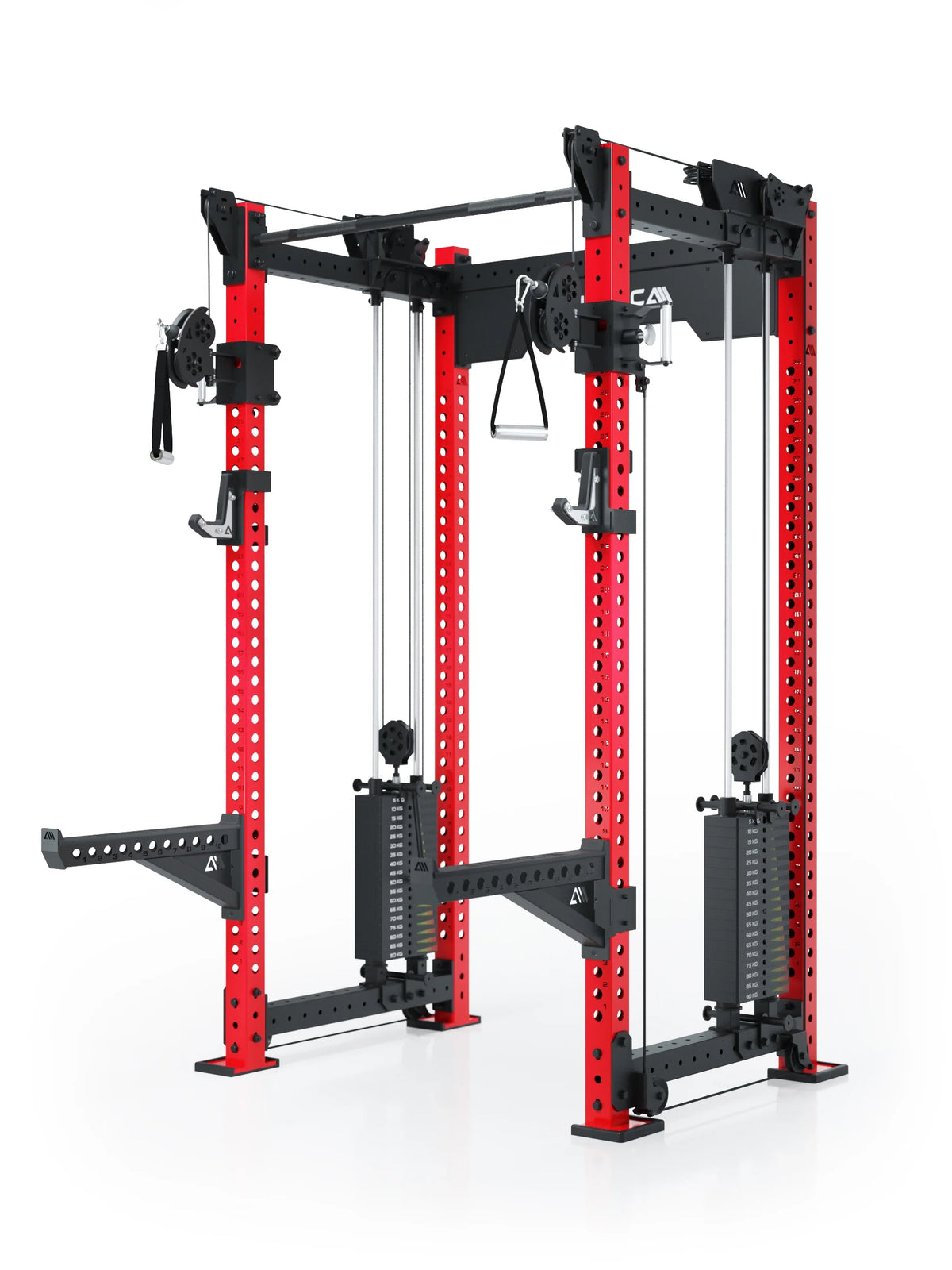 Atletica R8 Bradley Medium power rack with weight stacks, red uprights