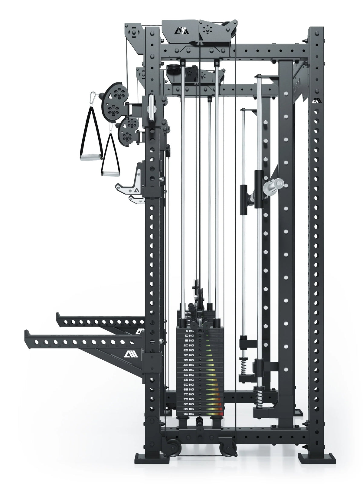 R8 Bradley Combat Medium Black Power Rack with two weight stacks, cable pulley, handles on the left