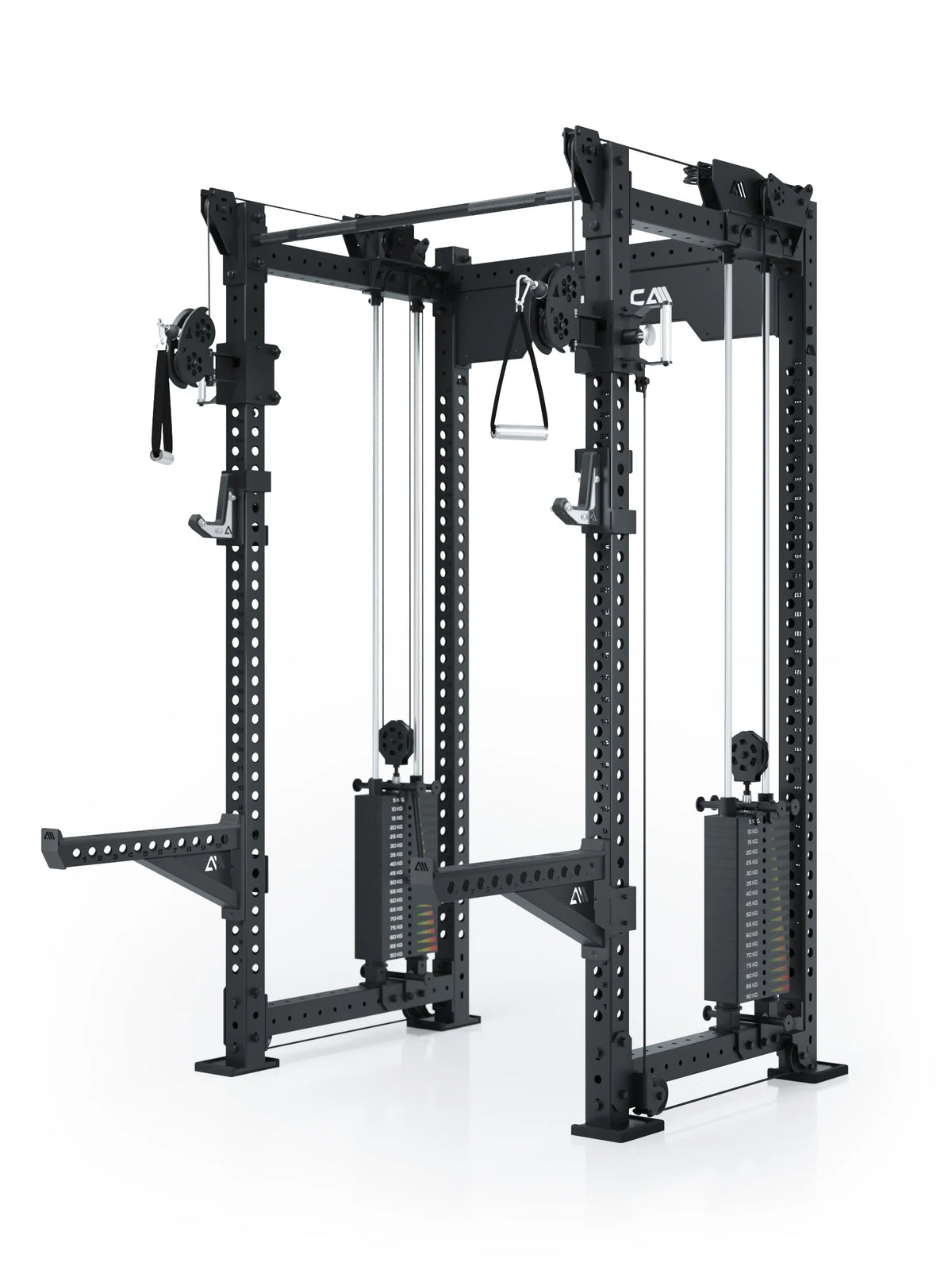 Atletica R8 Bradley Medium power rack with dual weight stacks, black, angled view
