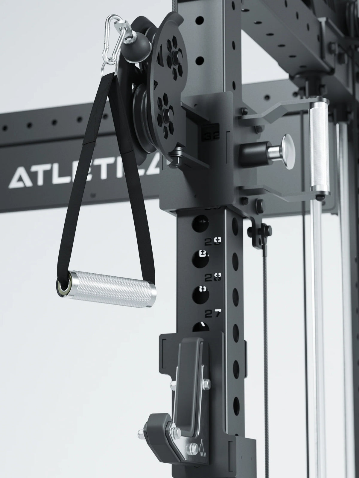 R8 Bradley Power Rack - cable pulley with handle, perforated sheet, pulley, carabiner, logo on the crossbar