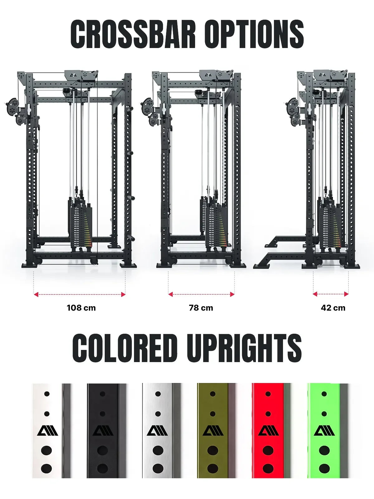 Atletica R8 Bradley crossbar options 43, 30.5 and 16.5 inch and six colored upright options
