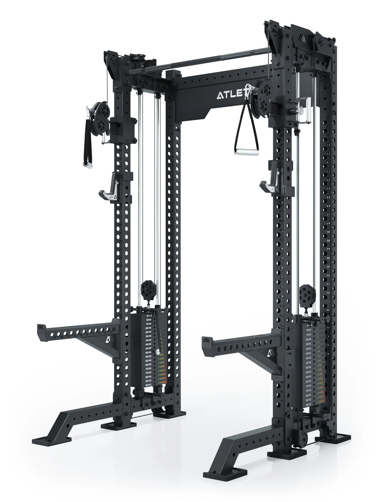 Atletica R8 Bradley Short power rack with dual weight stacks, black, angled view