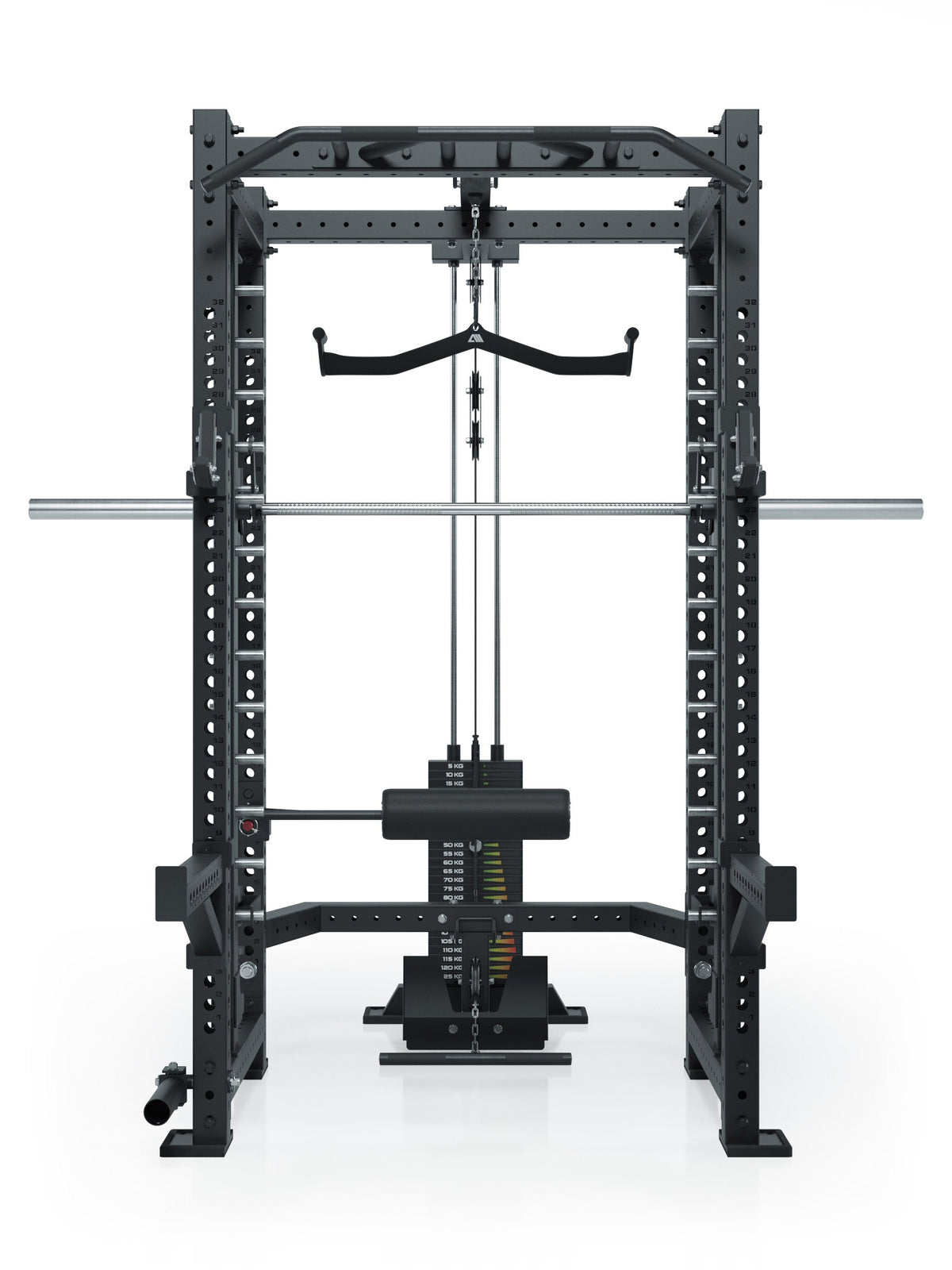 R8 Commander Power Rack with lat pulldown, weight plate holder, 275 lb weight stack