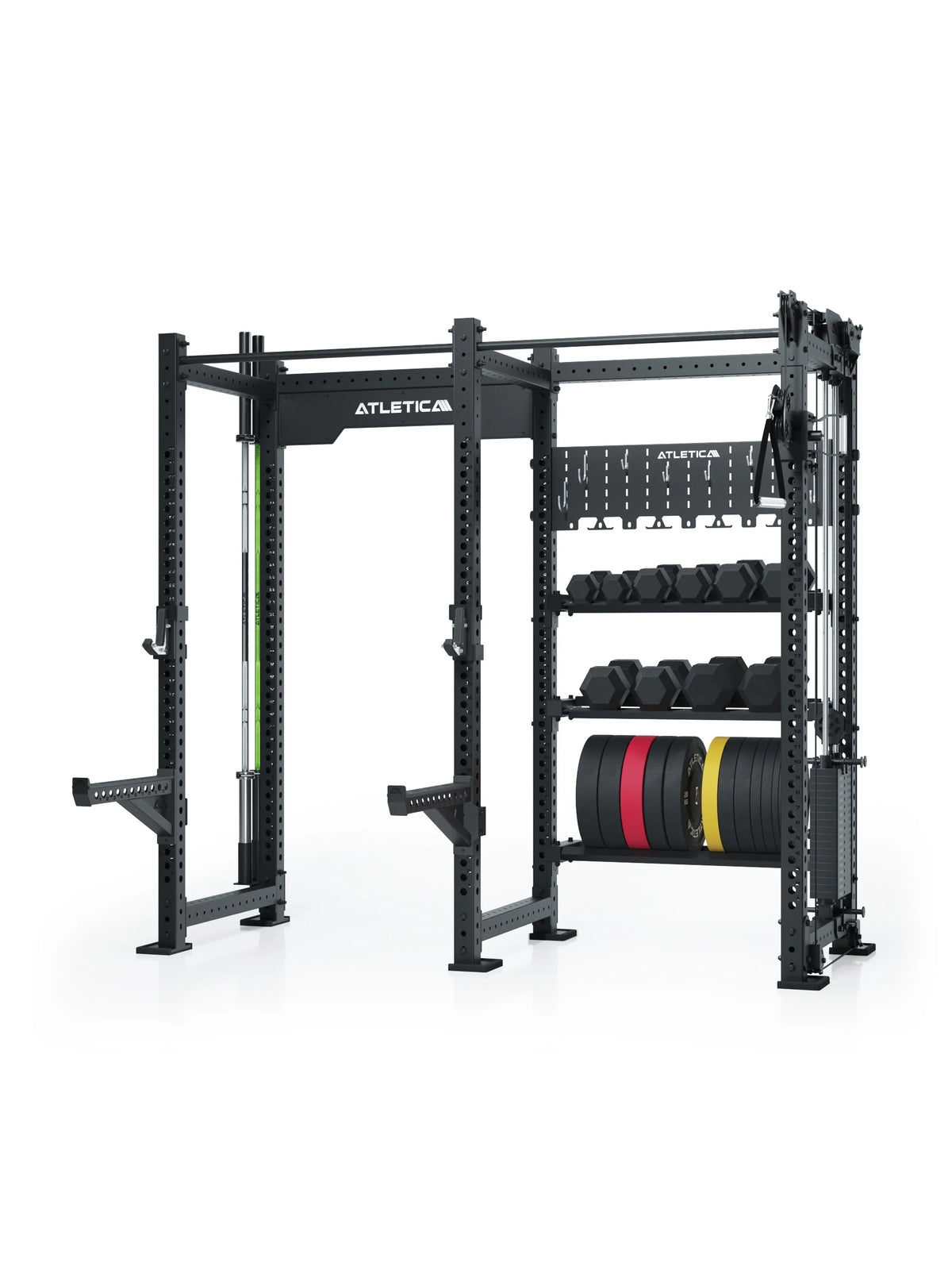 Atletica R8 Falcon power rack, black, front view with plate storage shelves