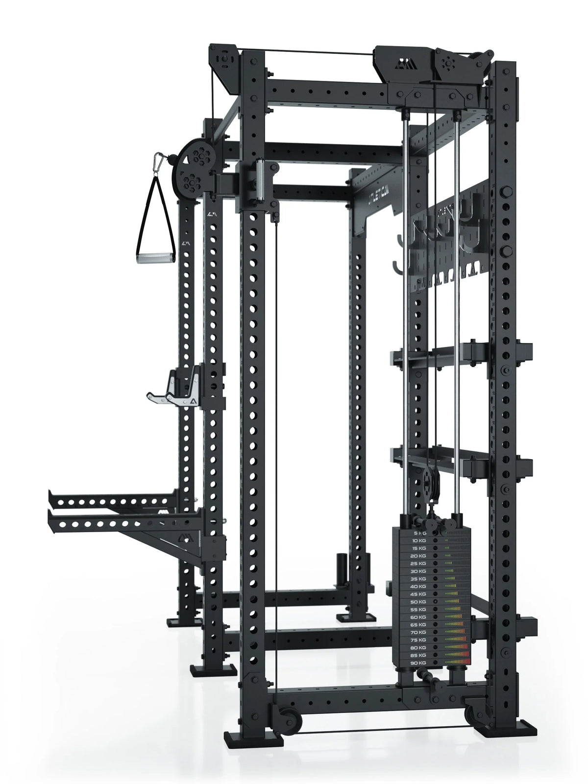 R8 Falcon R - Black power rack with cable pulley, weight plate rest, pull-up bar