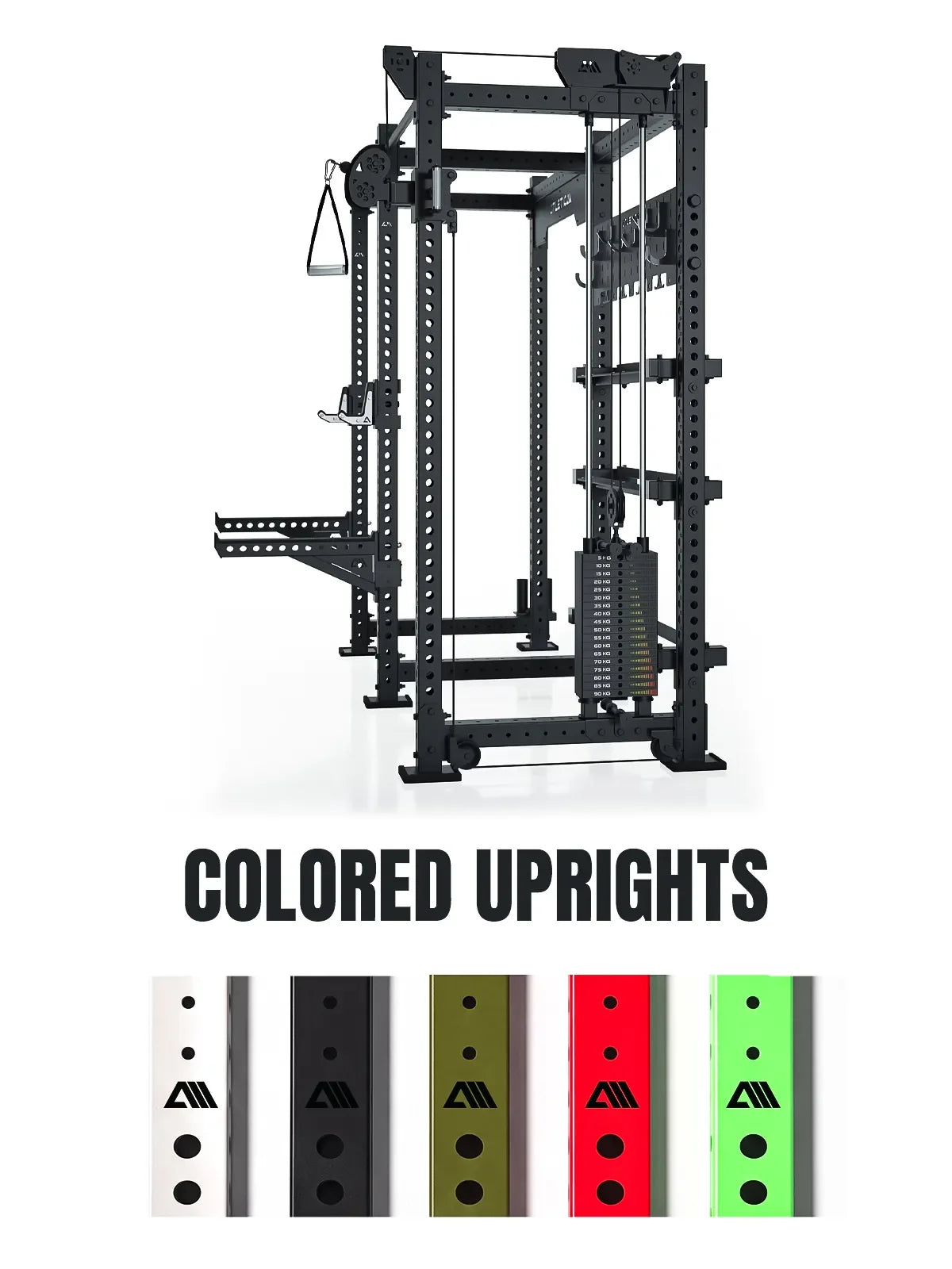 Atletica R8 Falcon power rack, side view, graphic showing colored upright options