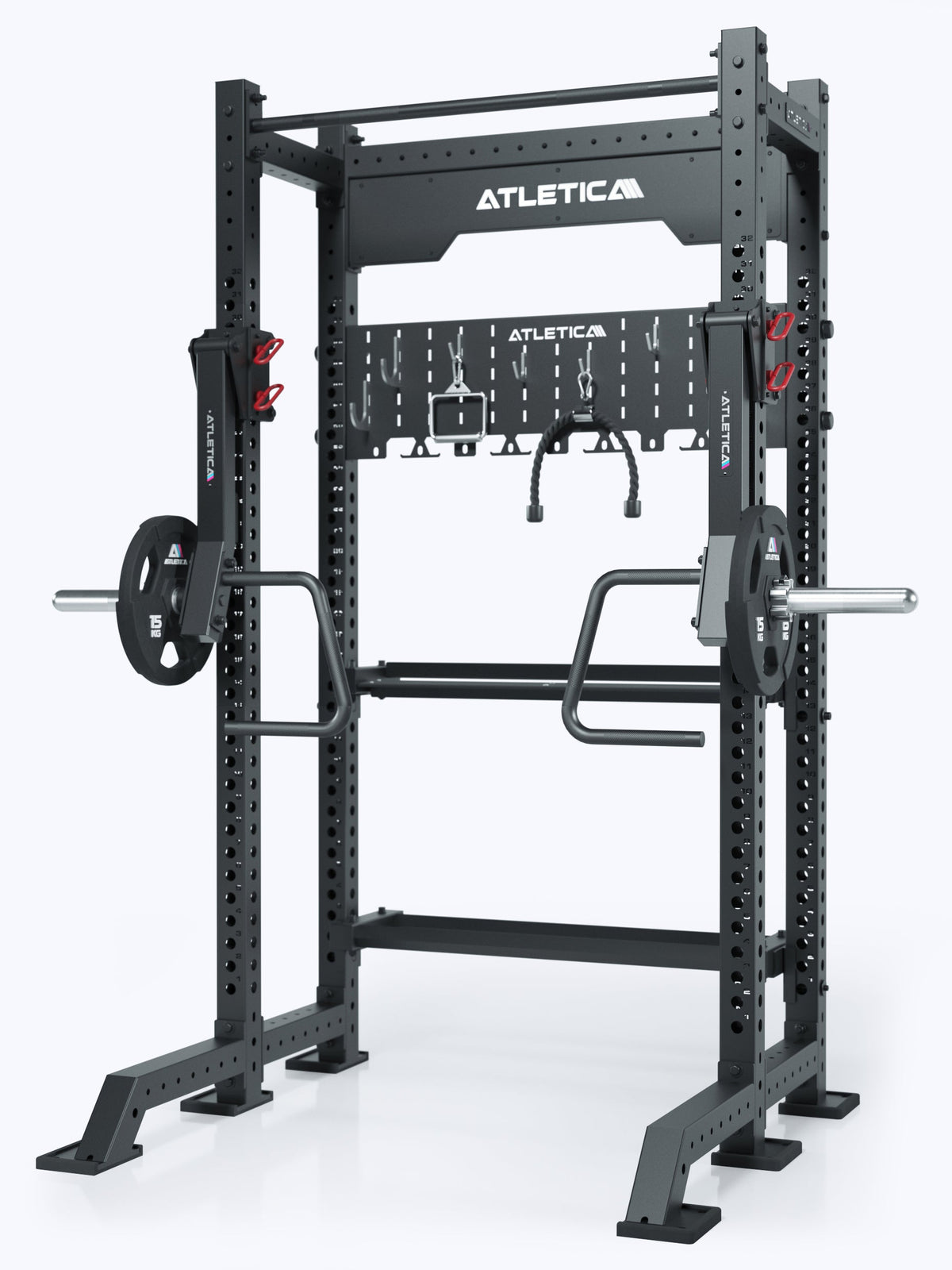 R8 Jammer Arms - Power Rack with Jammer Arms, weight plates, Pull-Up Bar, accessory hooks at the back