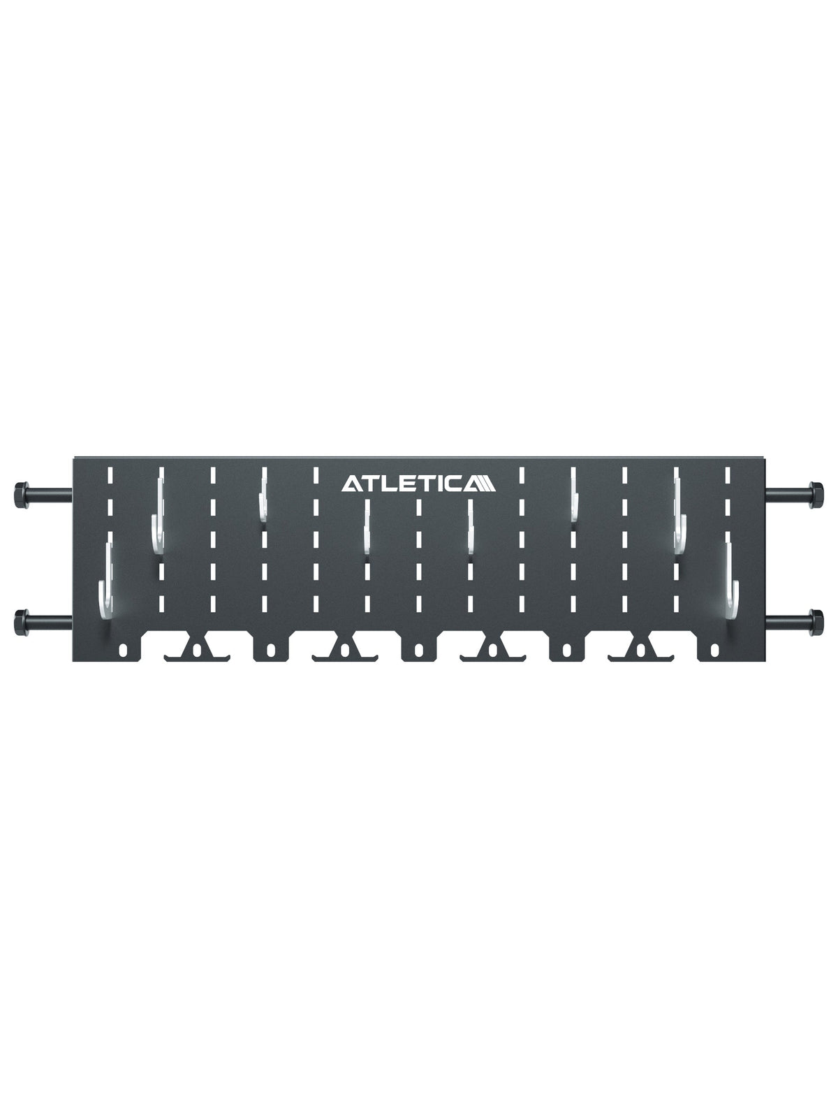 R8 Storage Plate storage system - front view of the perforated metal plate with integrated hooks for fitness accessories