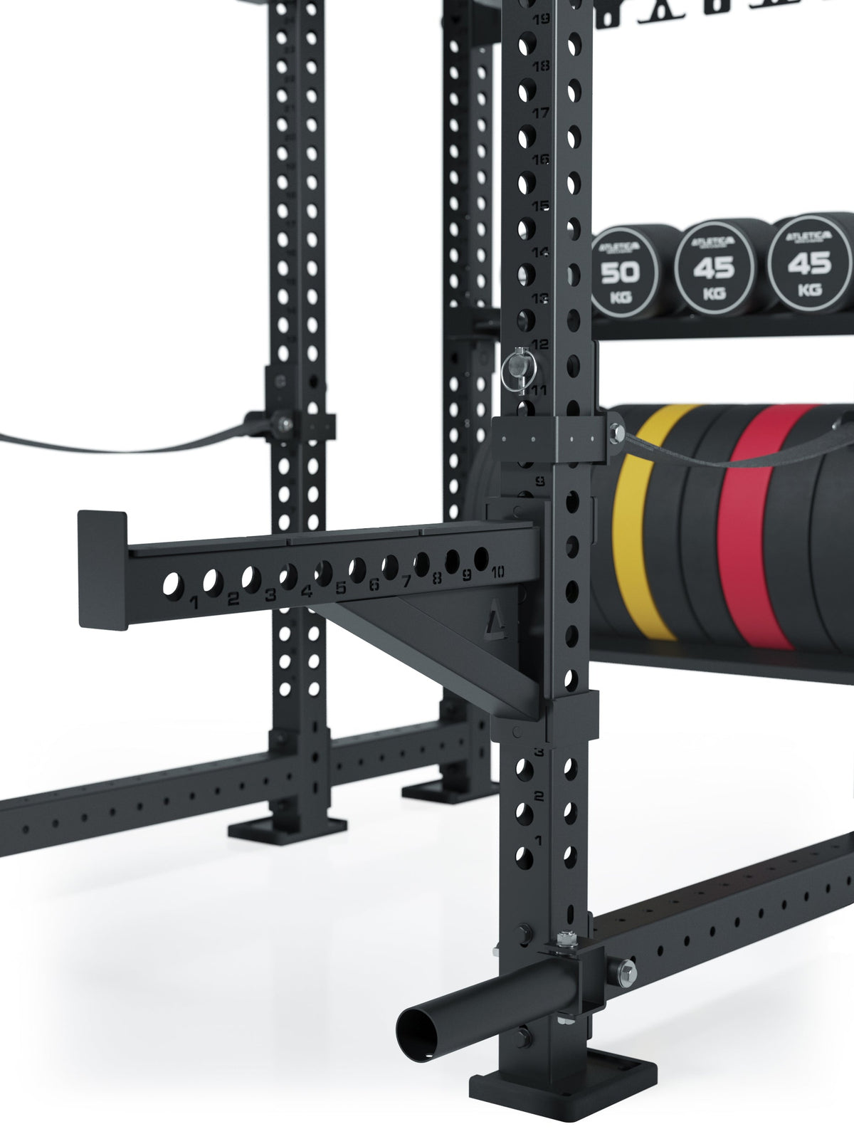 R8 Utile Power Rack with Safety Spotter Arms and weight plate storage for weight plates