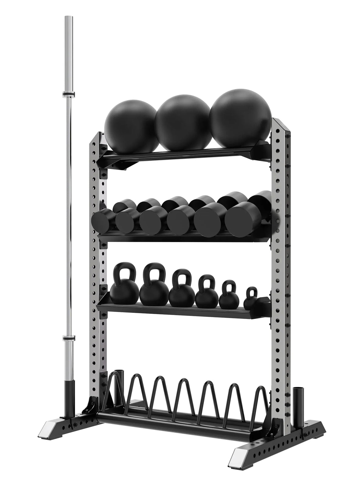 Rampage Premium Home Gym with accessory storage for barbell, medicine balls, dumbbells and kettlebells