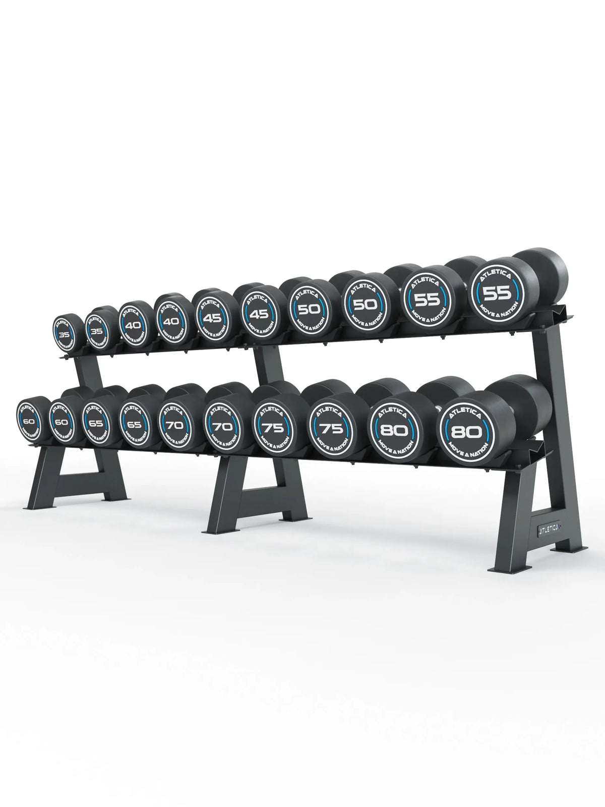 Round Dumbbells PRO Set 5 All-In High with Dumbbells from 35 to 80 lb on Two Shelves