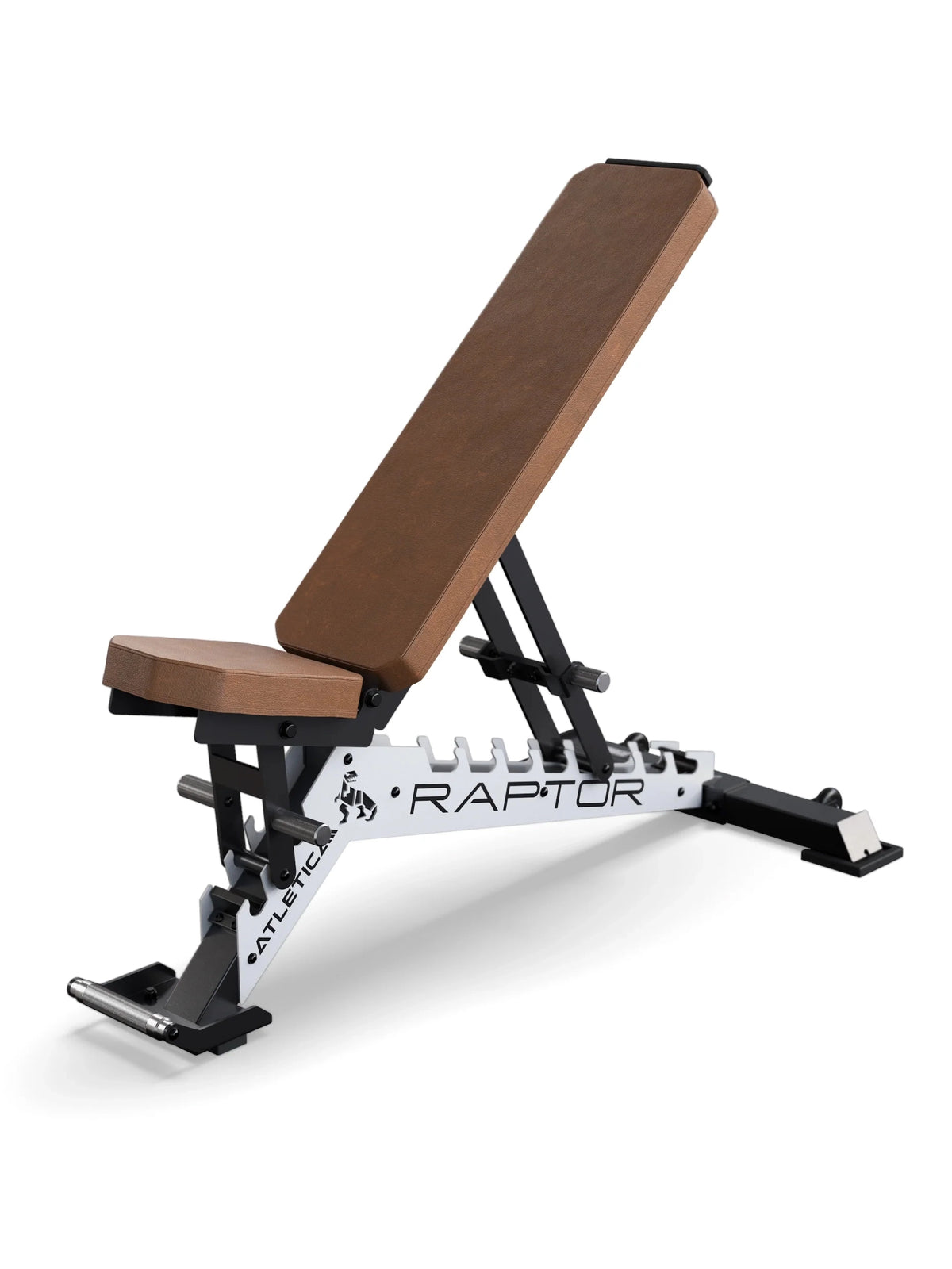 Atletica Raptor - Adjustable Weight Bench, Brown Padding, White Frame, Logo on Backrest, Toothed Plate