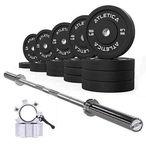 Atletica Beta chrome barbell set with black bumper plates 680 lb and white aluminum collars