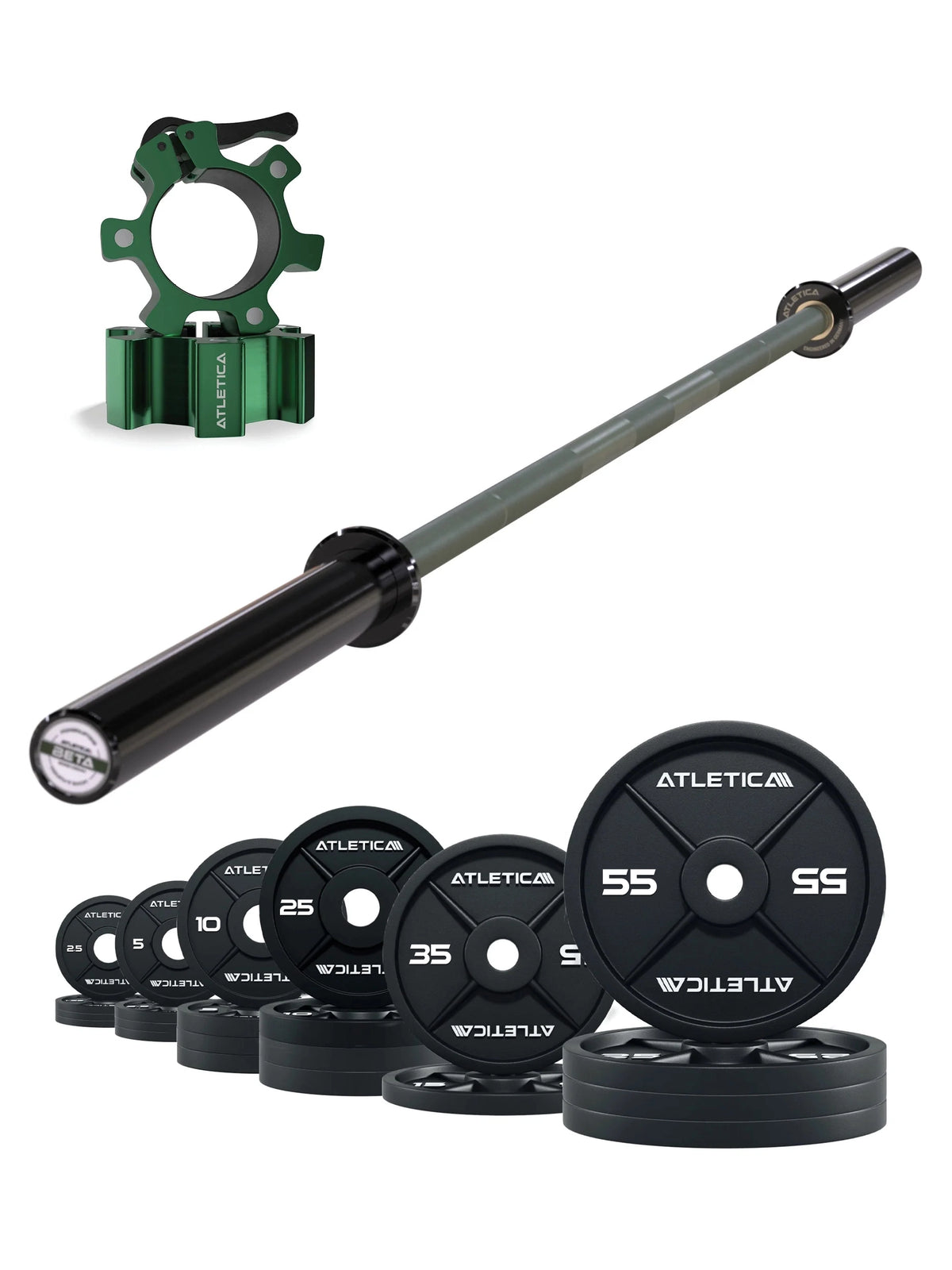 Atletica Barbell Set Beta Military Green with Iron Plates 460 lb and Aluminum Collars