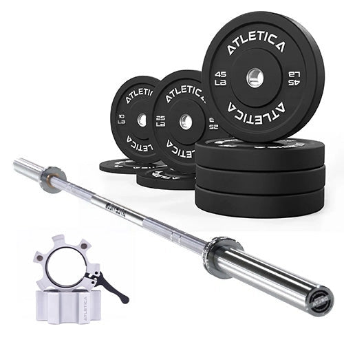 Atletica Barbell Set Delta with black Bumper Plates 245 lb and aluminum barbell collars