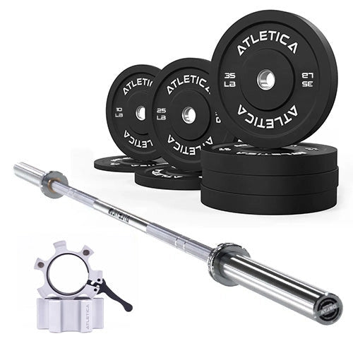 Atletica Barbell Set Delta Chrome with 200 lb Bumper Plates and aluminum collars