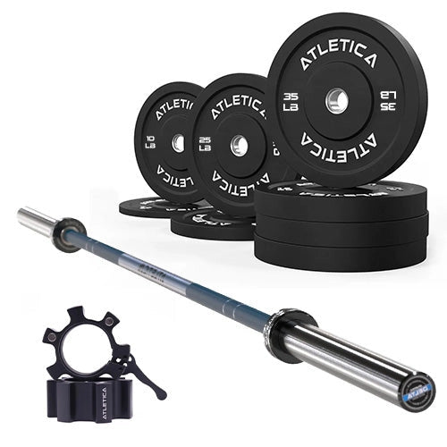 Atletica Barbell Set Delta Dark Blue with Black 200 lb Bumper Plates and Aluminum Collars