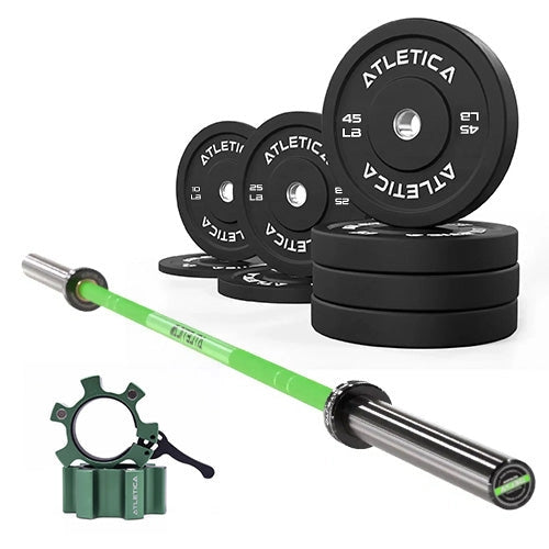 Atletica Delta electric green barbell set with black bumper plates and aluminum collar