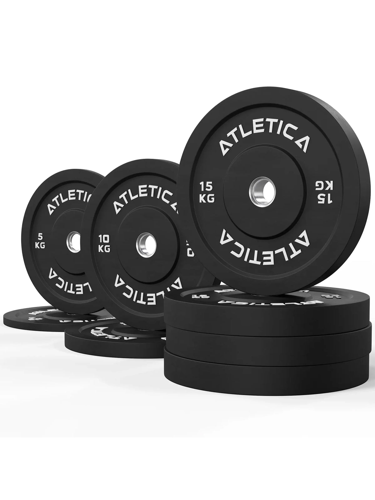 Atletica black bumper plate set 198 lb, 33, 22 and 11 lb plates stacked and standing, angled view