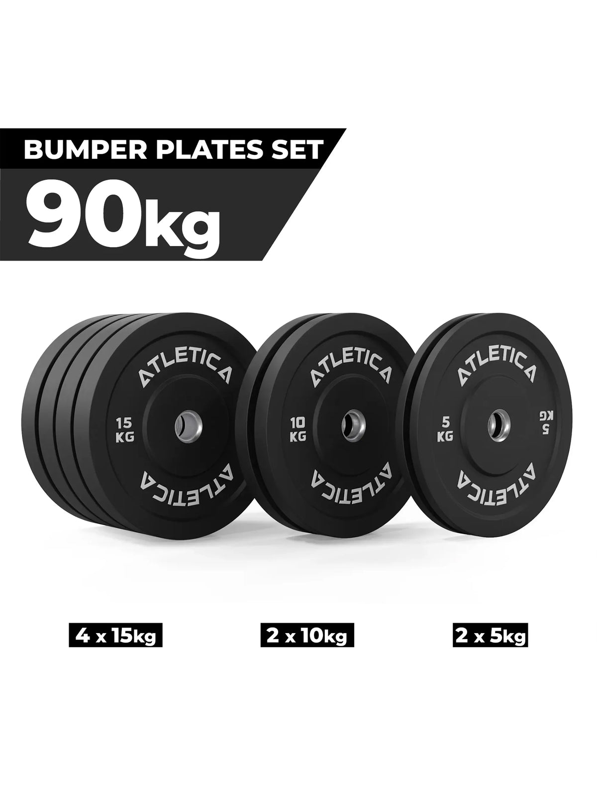 Atletica black bumper plate set 198 lb: 4 x 33 lb, 2 x 22 lb, 2 x 11 lb plates