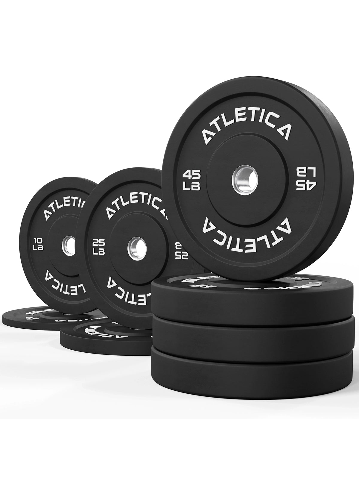 Bumper Plates Black Set with various black weight plates, stacked and standing upright