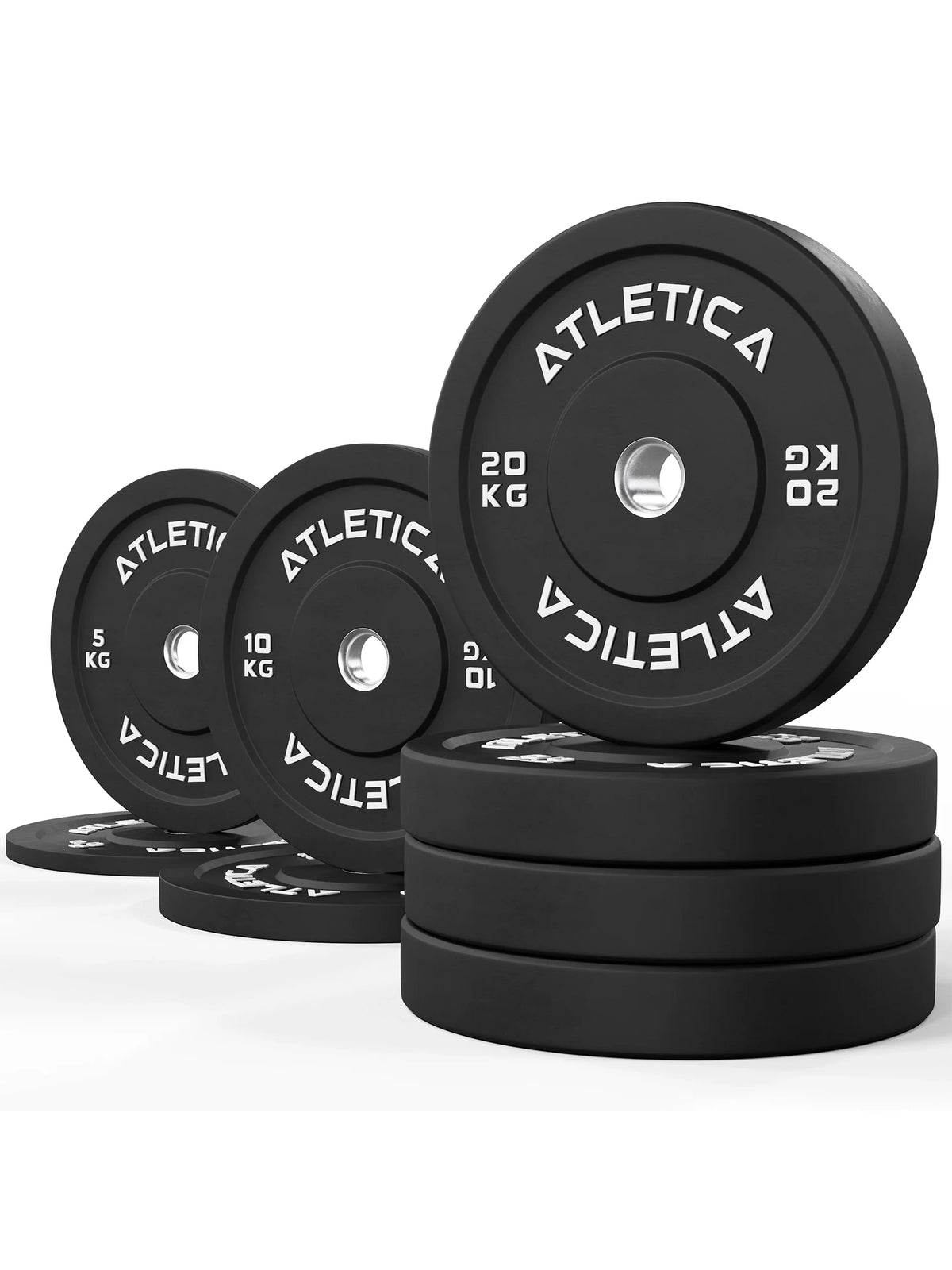 Atletica black bumper plate set 243 lb, 44, 22 and 11 lb plates stacked and standing, angled view