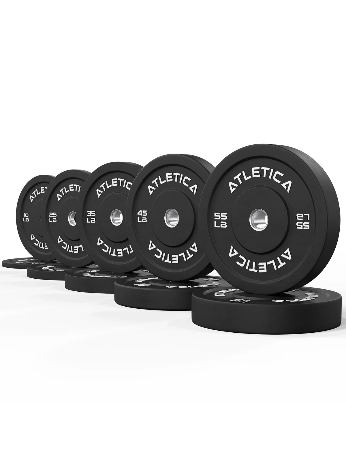 Bumper Plates Black Set in various weights, standing upright for Olympic lifting
