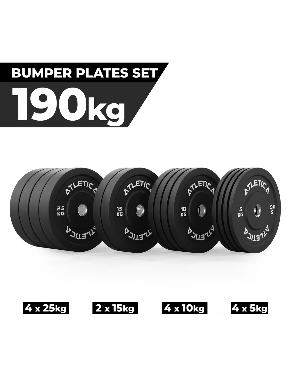 Atletica black bumper plate set 419 lb: 4 x 55, 2 x 33, 4 x 22, 4 x 11 lb plates