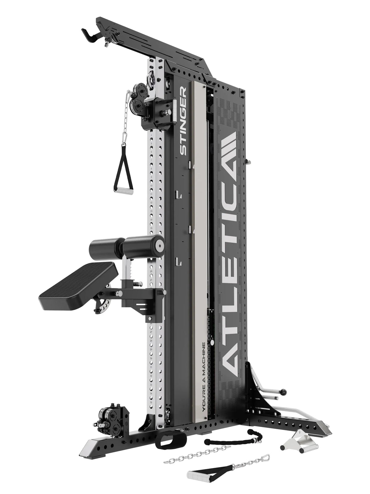 Atletica Stinger lat pulldown and functional trainer with preacher pad and D-handle, angled view