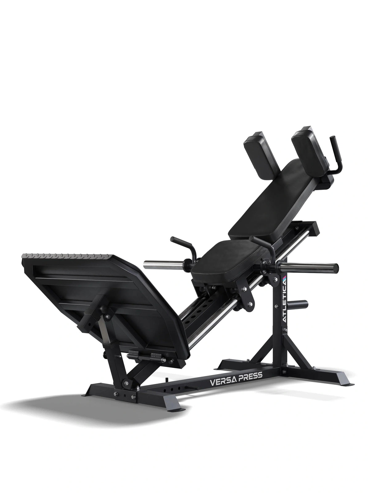 Atletica VERSA black Leg Press with padded seat, foot plate, handles, logo on frame