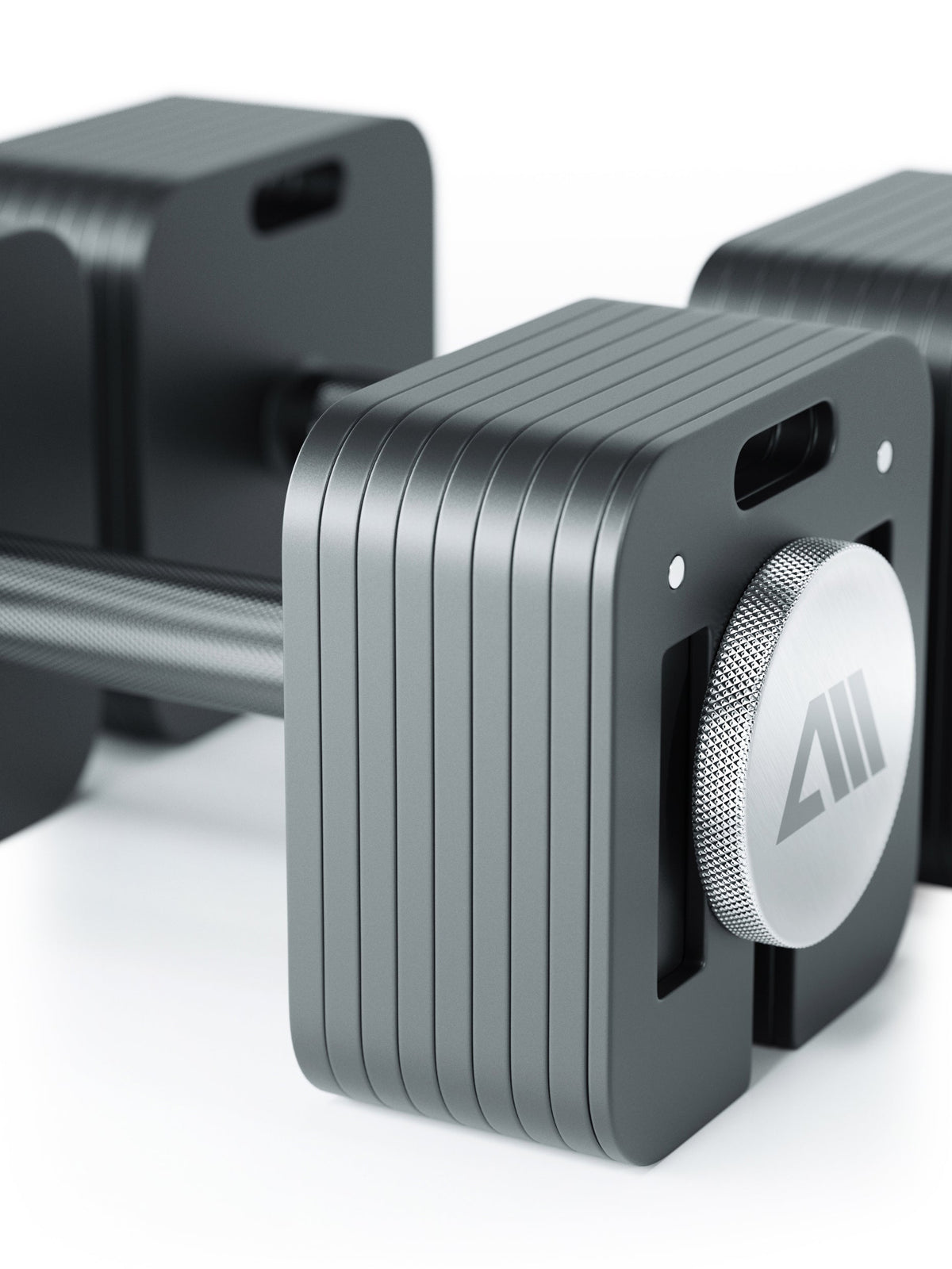 QUAD - Adjustable Dumbbells, gray weight plates, knurled handle