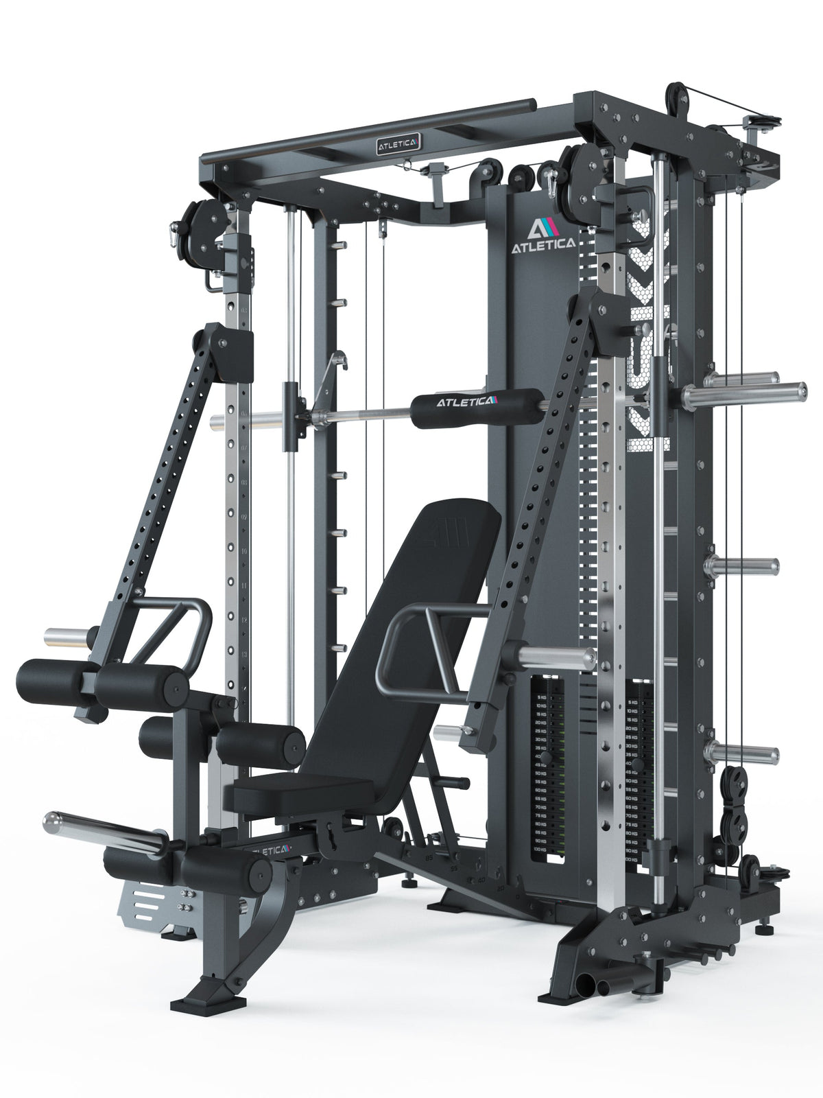 Atletica KSK all-in-one trainer with jammer arms and bench, angled view from the left