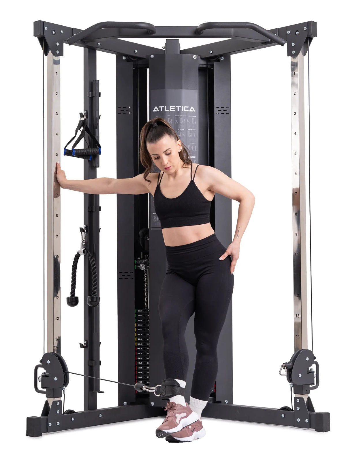 Range Set with X-Five High functional trainer and B4 weight bench - Woman performing abduction exercise on the cable pulley