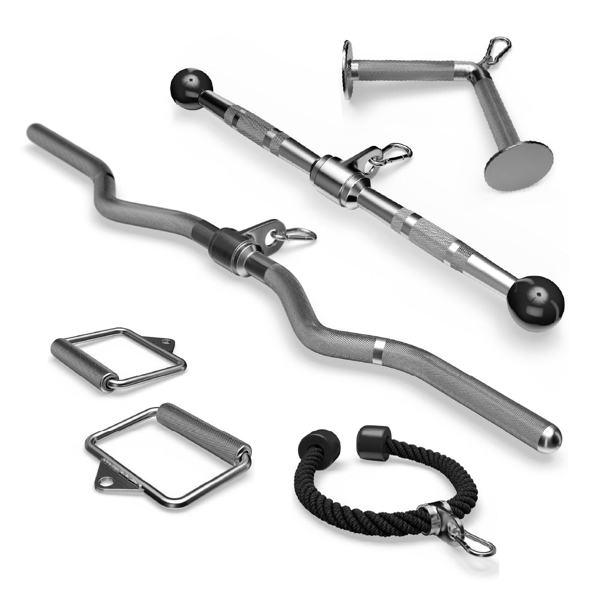 Atletica Arms Set cable attachments - Various handles, including triceps rope, rowing handle, lat pulldown bar, V-handle