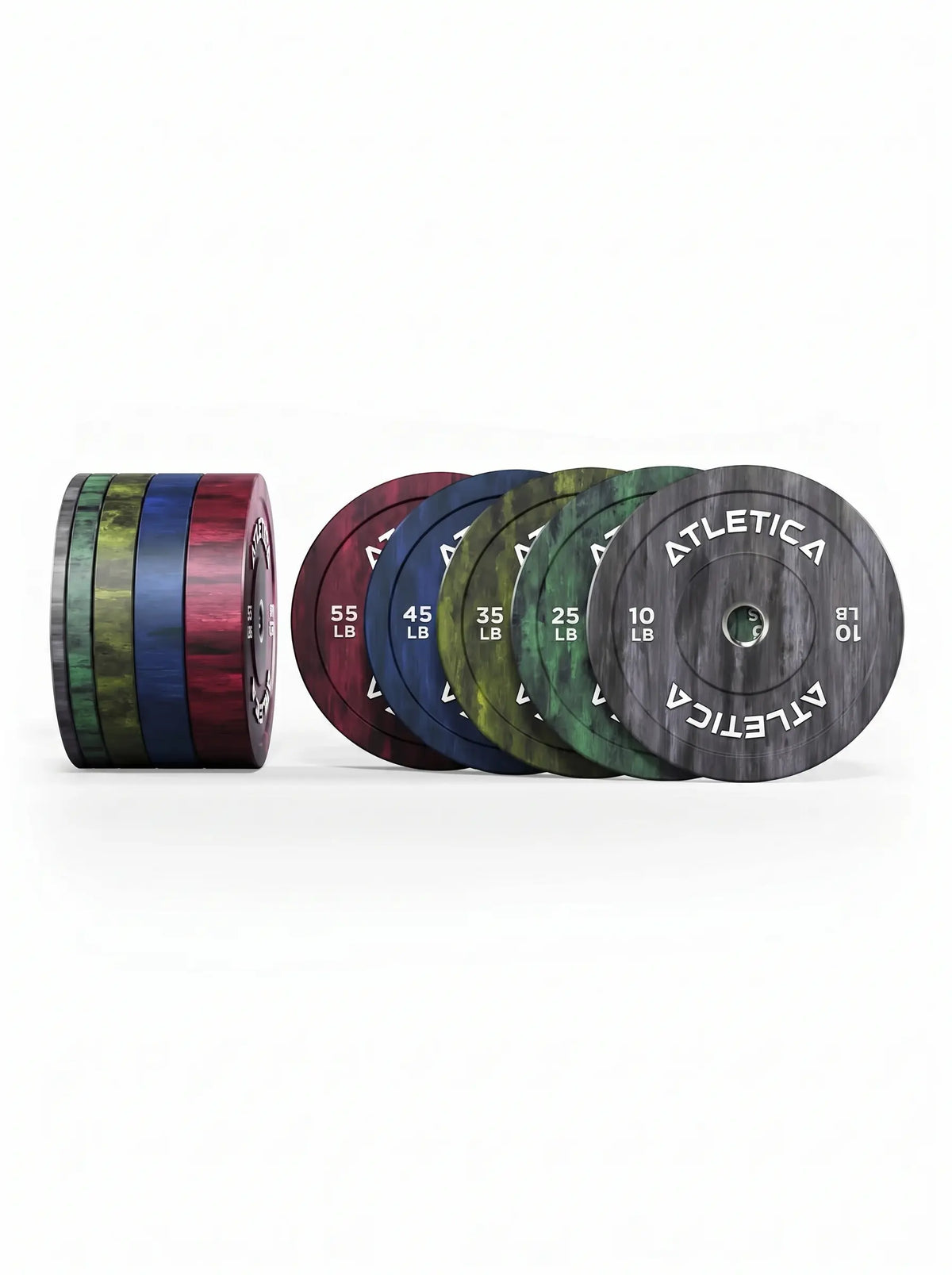Fusion Bumper Plates SET 330 lb - Colorful Weight Plates from 10 to 55 lb, Standing Upright and Lying