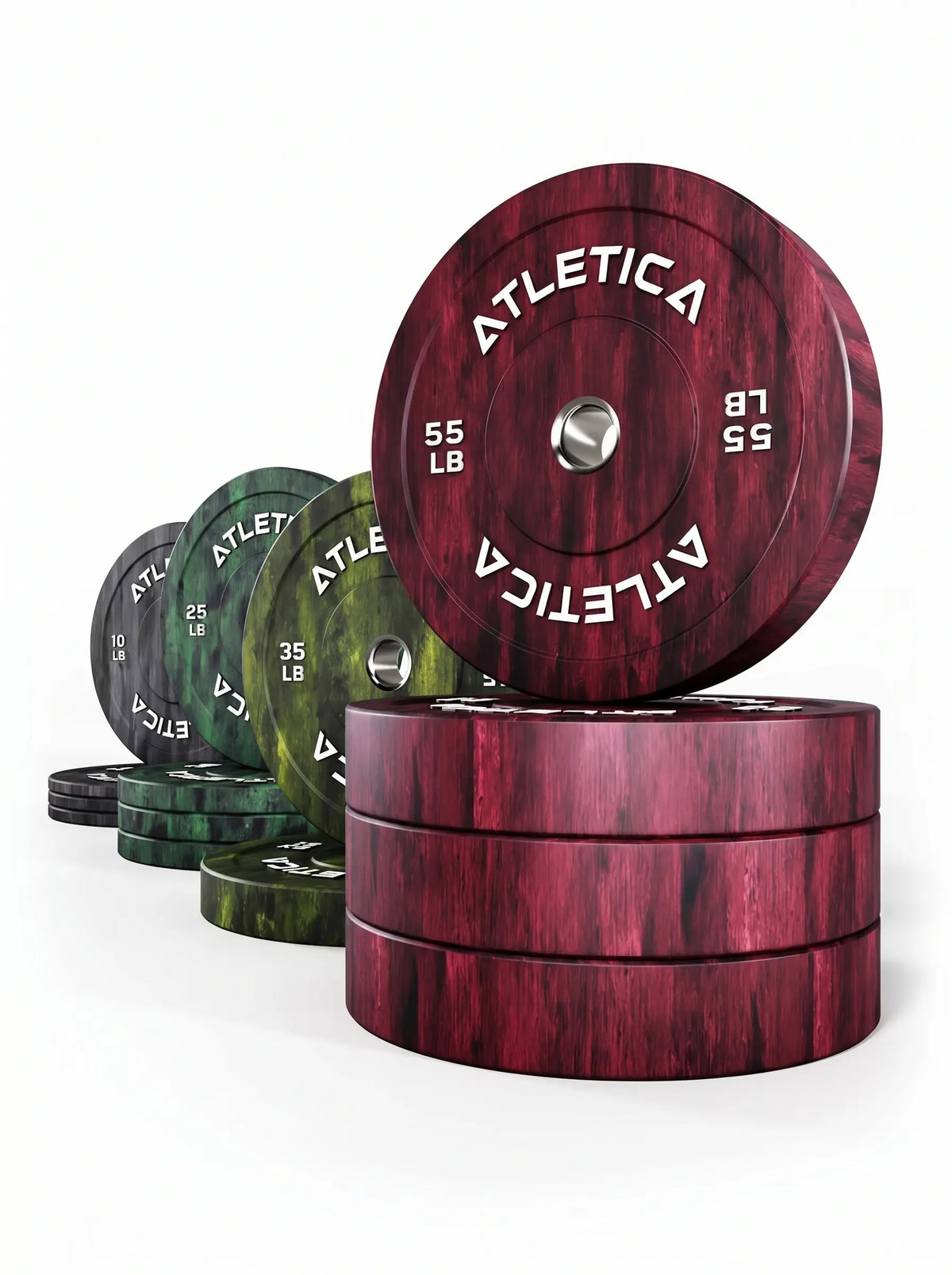 Fusion Bumper Plates 430 lb Set - colorful weight plates in red, green, black, stacked