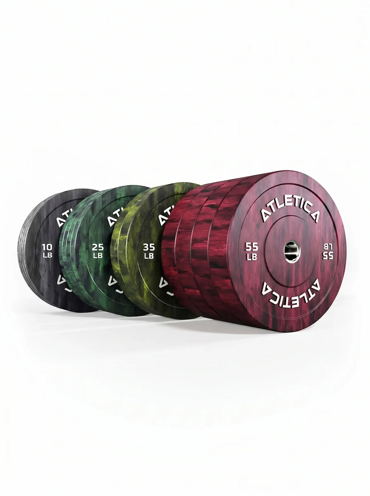 Fusion Bumper Plates SET - colorful weight plates in red, green, black, weight markings 10-55 lb