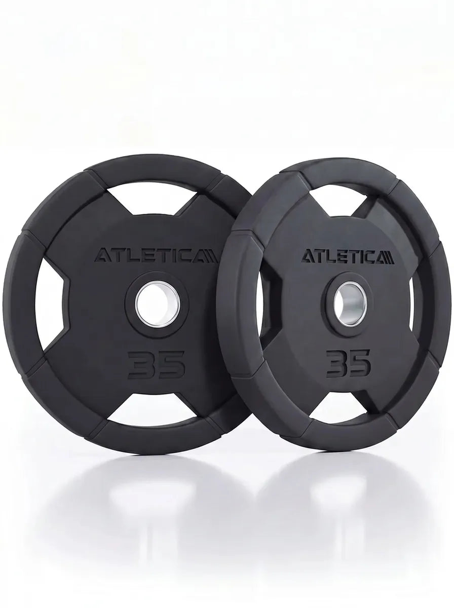 Atletica 4H Gripper plates 35 lb, rubber-coated, pair standing side by side