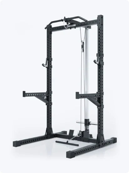 Atletica R7 squat rack with lat pulldown cable, front angled view in a bright room