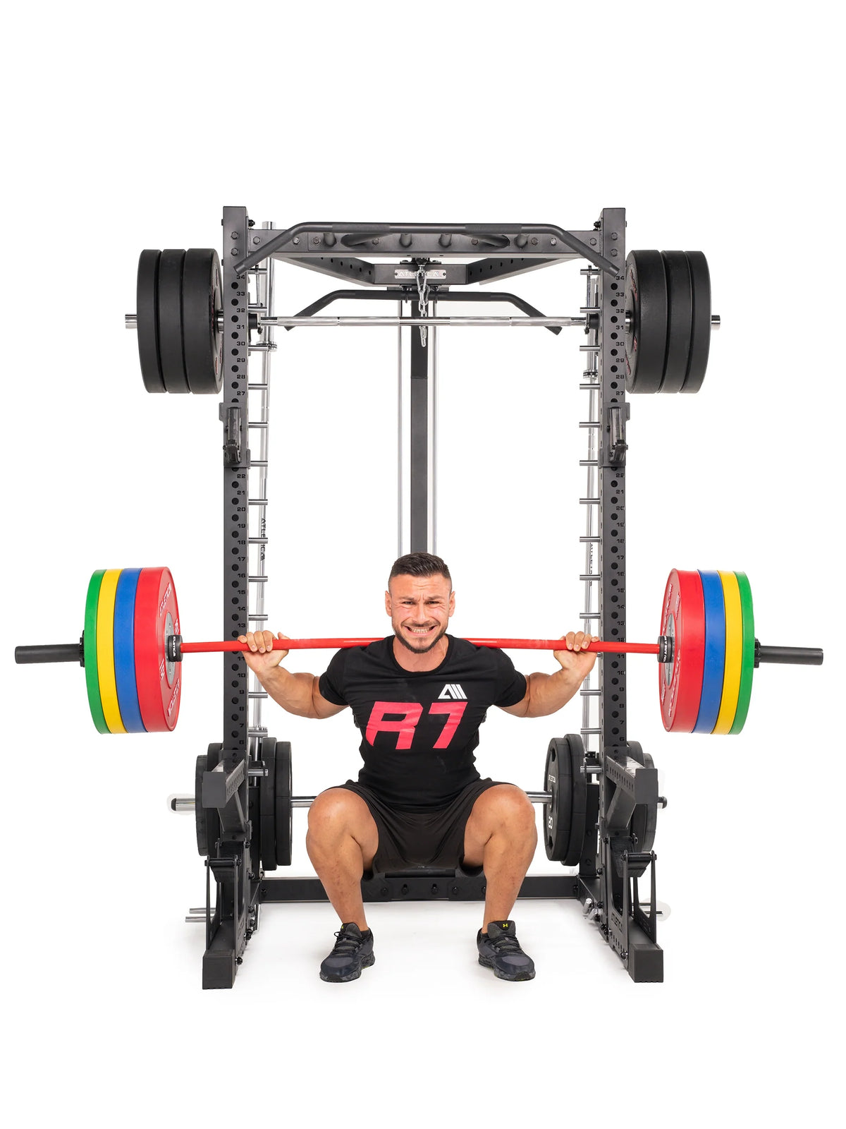 R7 Nemesis Power Rack Plate Loaded - squat with Barbell and Competition Bumper Plates