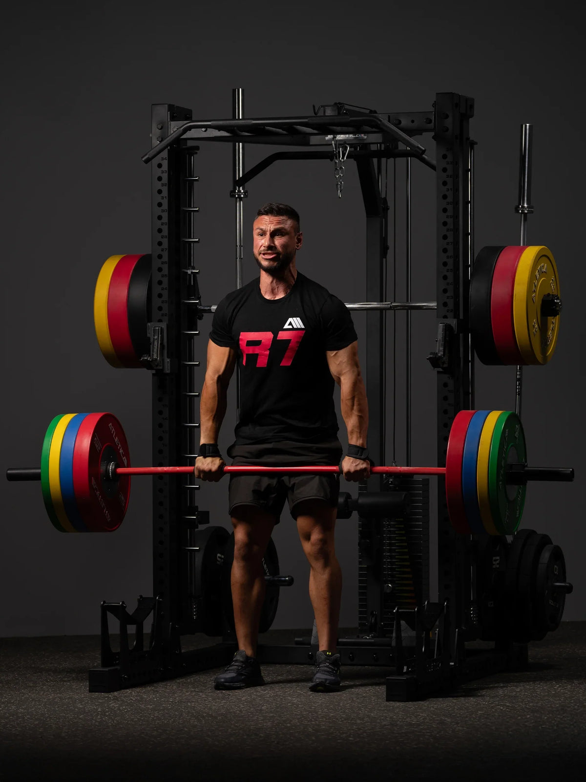 R7 Nemesis Squat Rack- deadlift with barbell at the Deadlift Station