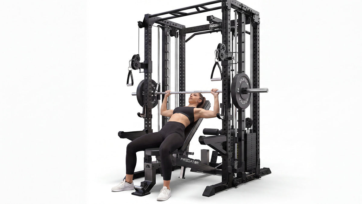 Bench pressing on the Predator adjustable Weight Bench at the R7 EVO Power Rack Smith Machine