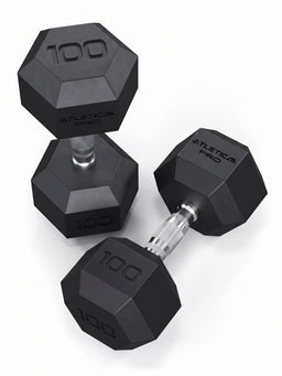 Hexagon Dumbbells PRO 100 lb pair with non-slip handles and black PU surface