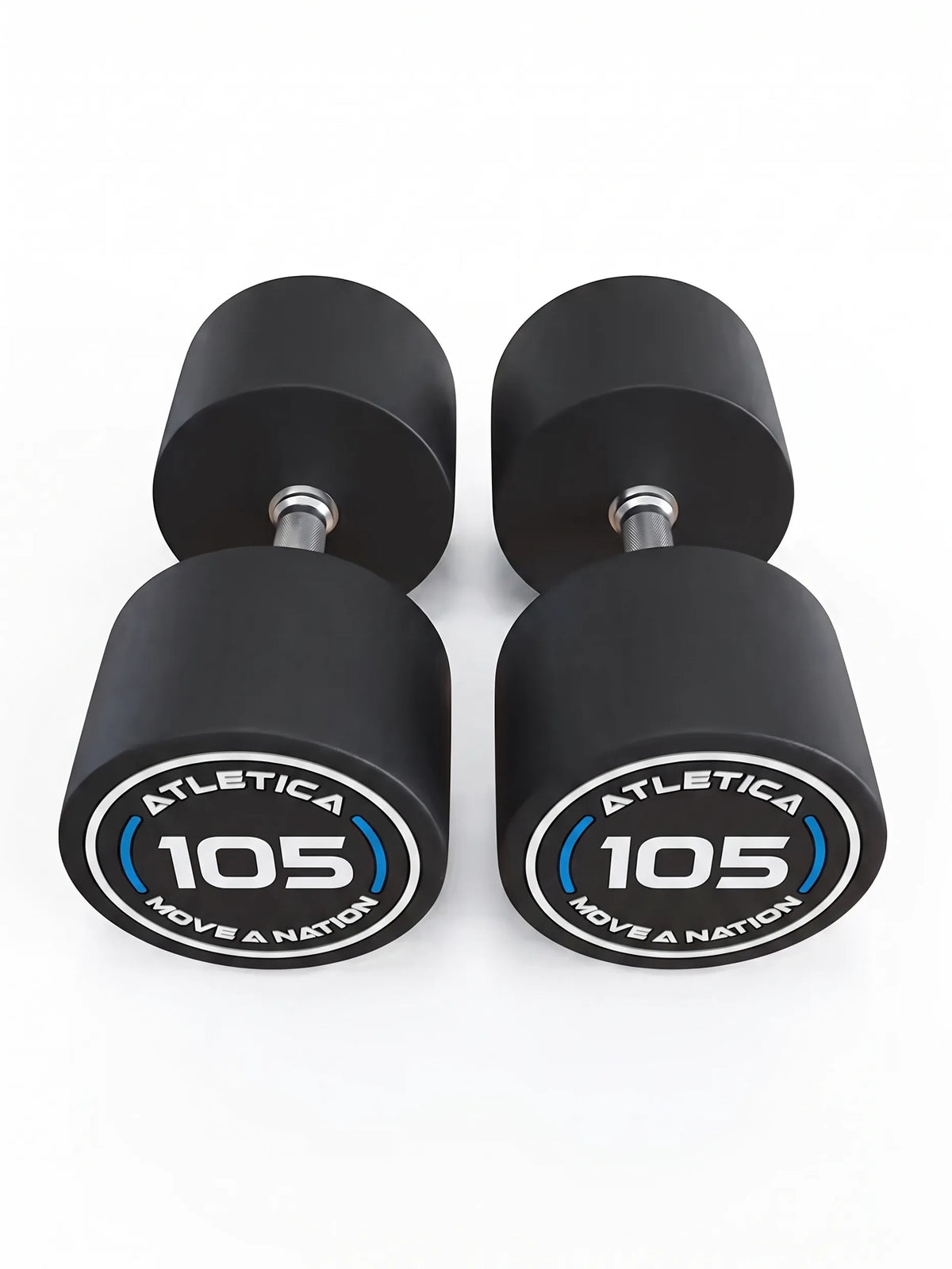Round Dumbbells PRO In Pairs - two black Dumbbells, weight 115 lb, silver handles, made of polyurethane, for Dumbbell strength training
