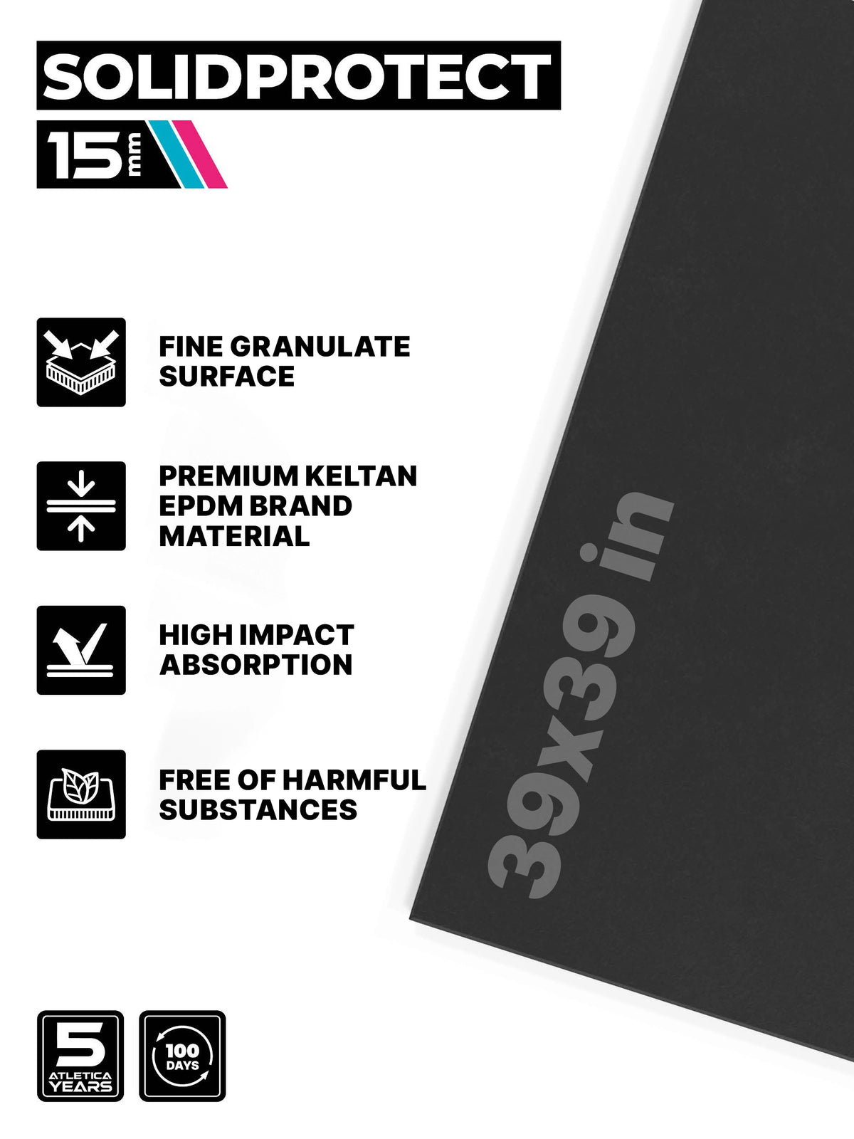 SolidProtect 15mm Gym Flooring infographic with fine granulate surface, EPDM material and shock absorption